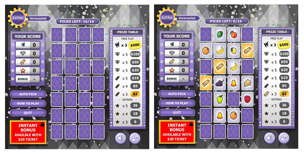 Initial screen of the game and example of a game screen with a few revealed symbols, prize table and your score