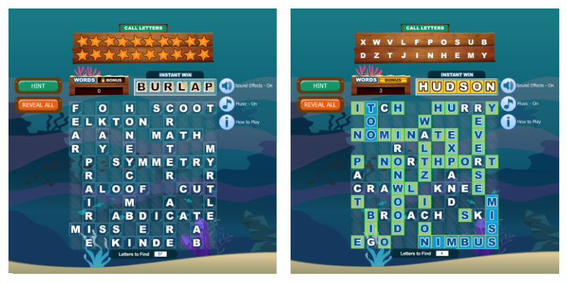 Example of a game screen with hidden call letters and all crossword letters revealed and example of a game screen with hidden call letters, crossword letters revealed with 3 words matched and an instant win word