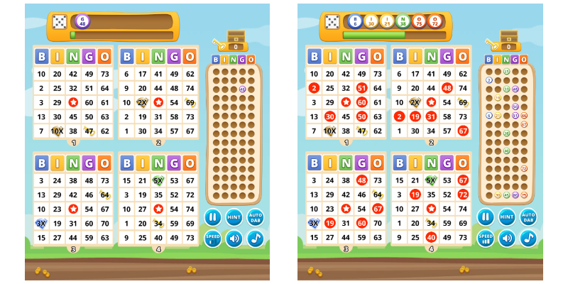 Initial game screen and example of a game screen with the call numbers and bingo numbers